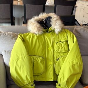 Anthropologie Lime Green Fur-Trimmed Jacket